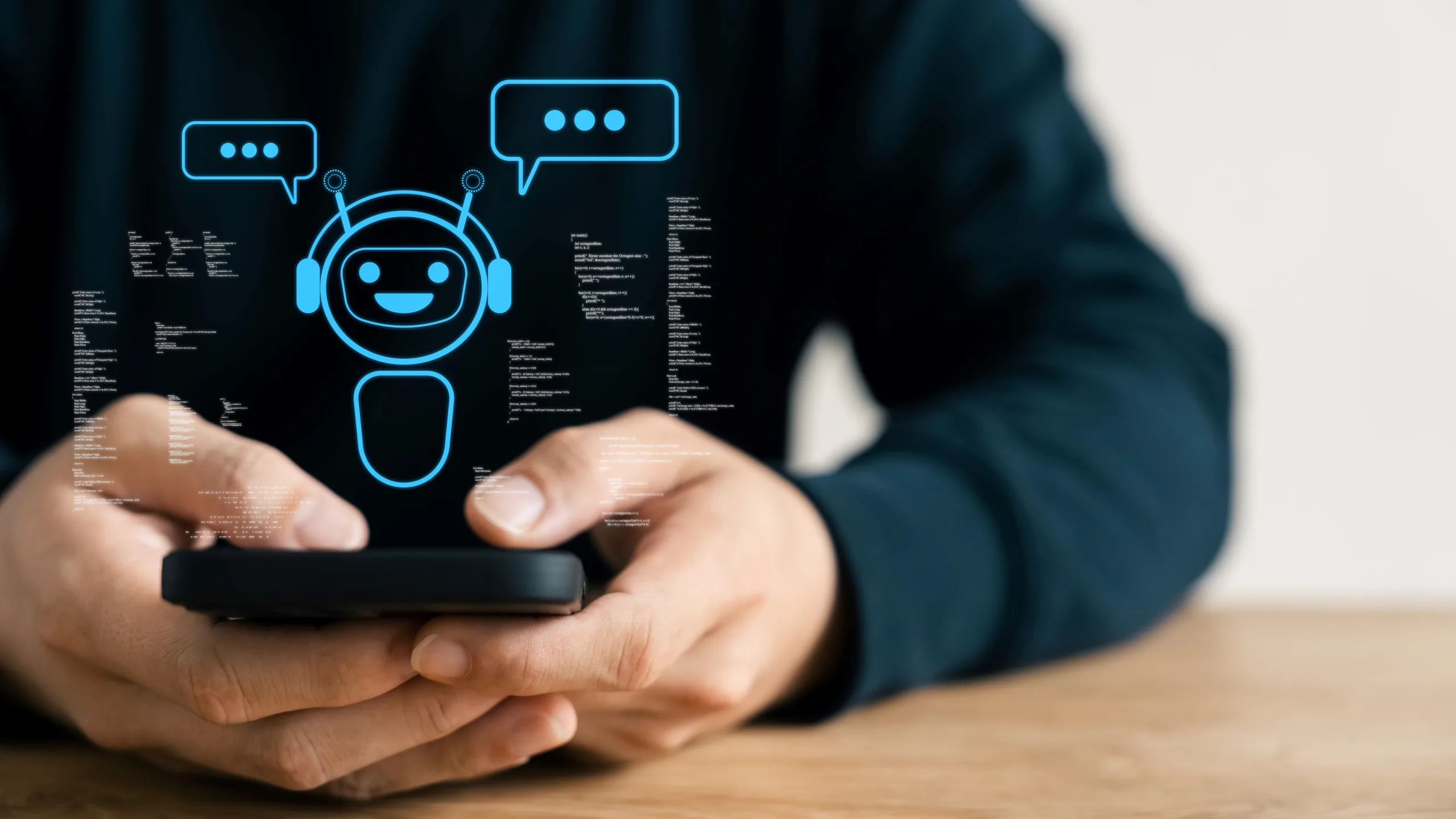 imagem de homem digitando no celular e representação gráfica de robô, ilustrando chatbot